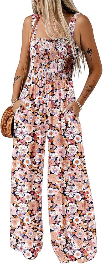 Women's Casual Loose Overalls Jumpsuits One Piece Sleeveless Printed Wide Leg Long Pant Rompers With Pockets