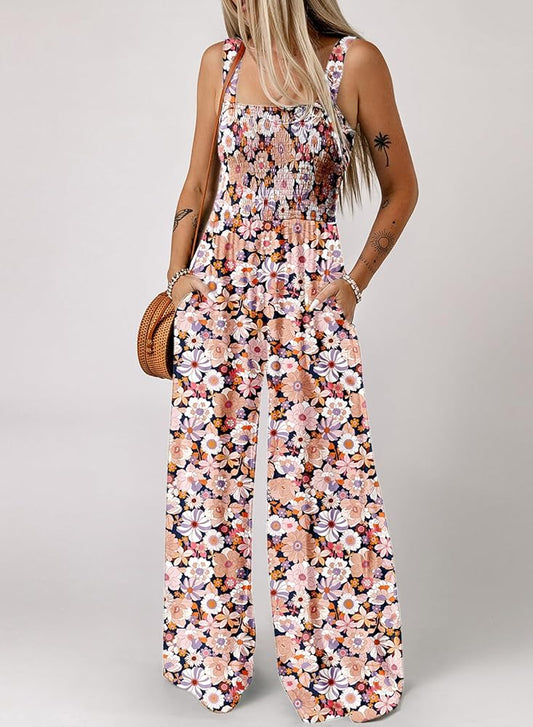 Women's Casual Loose Overalls Jumpsuits One Piece Sleeveless Printed Wide Leg Long Pant Rompers With Pockets