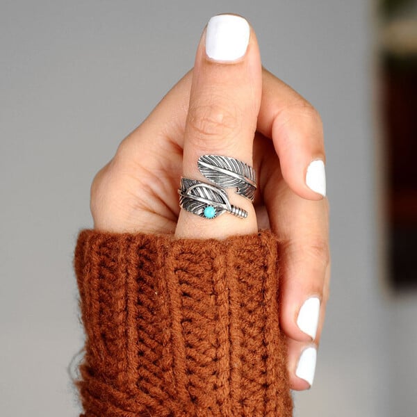 🔥 BIG SALE - 48% OFF🔥🔥🎁Boho Feather Turquoise Adjustable Ring